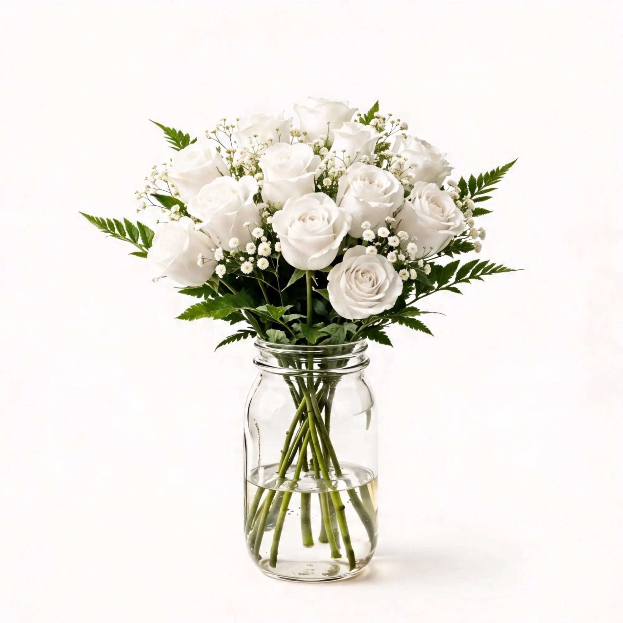 12 White Roses in a Mason Jar - Roses Everywhere