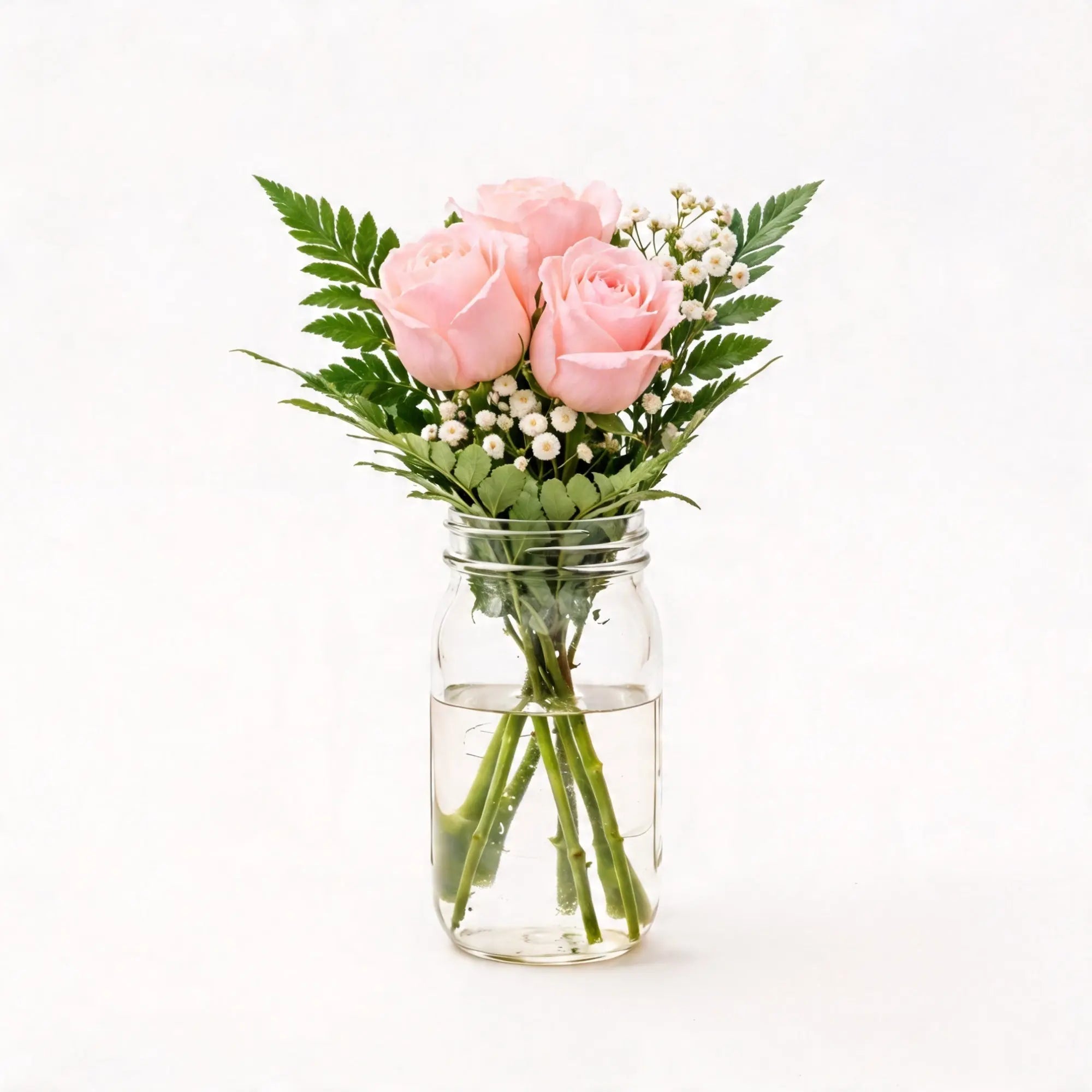 3 Light Pink Roses in a Mason Jar - Roses Everywhere