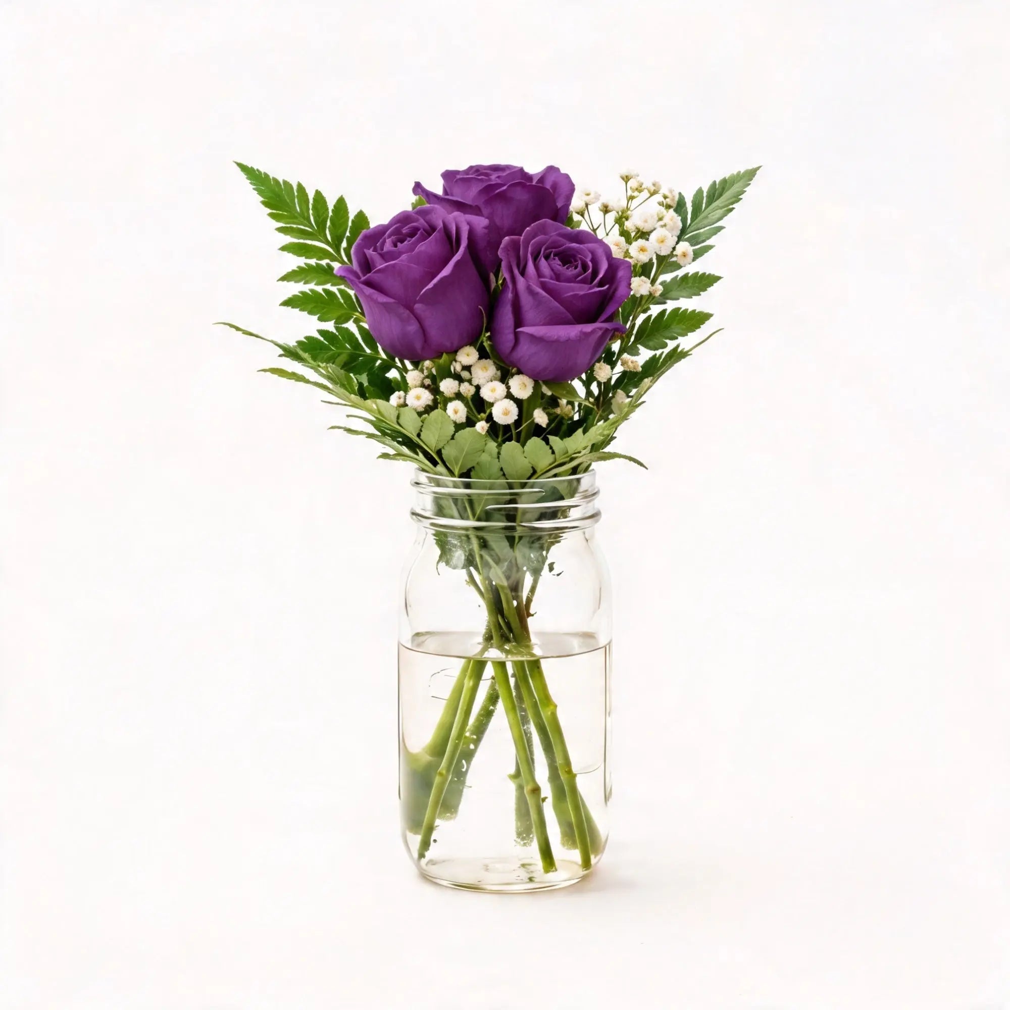 3 Purple Roses in a Mason Jar - Roses Everywhere