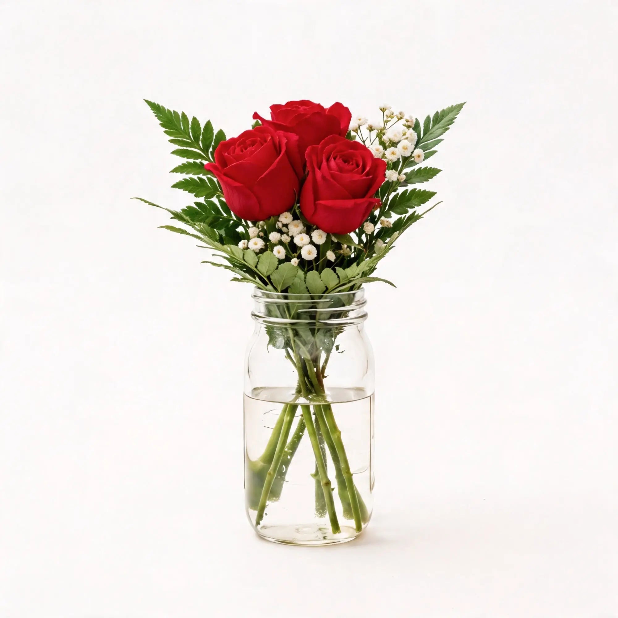 3 Red Roses in a Mason Jar - Roses Everywhere