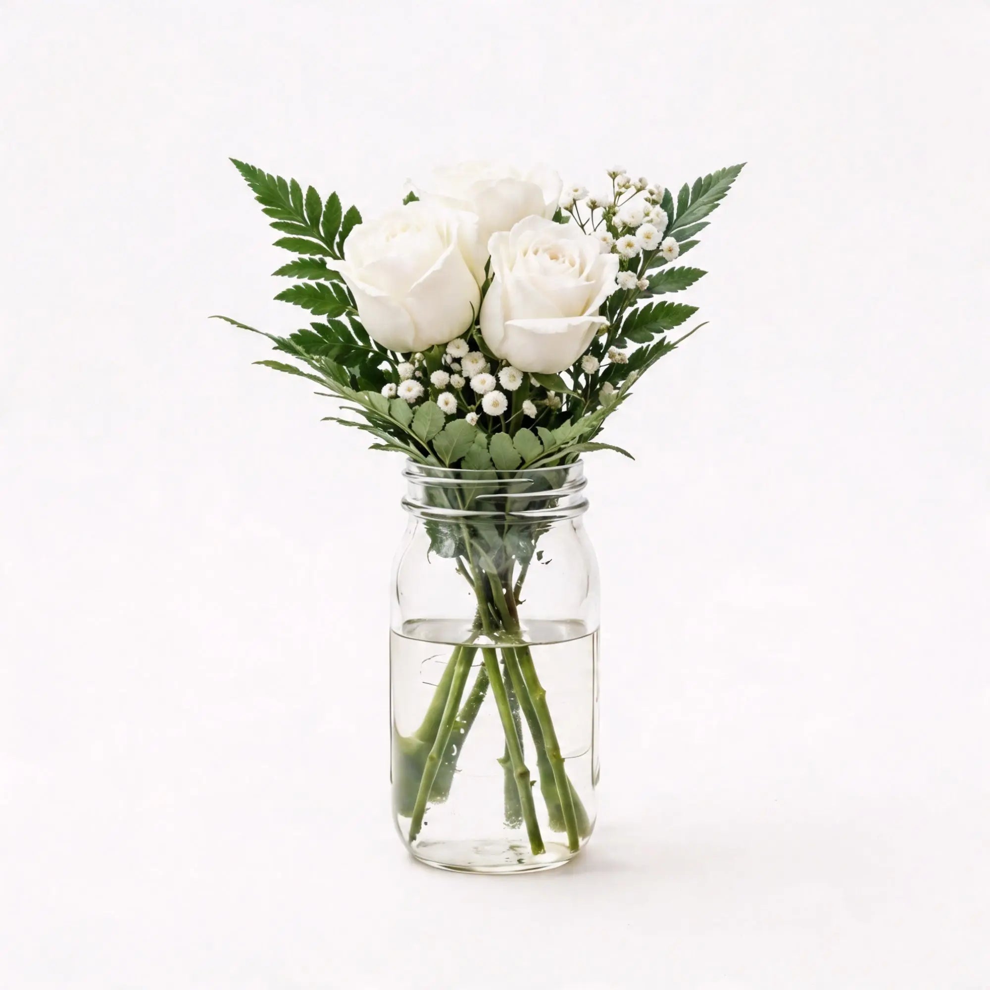 3 White Roses in a Mason Jar - Roses Everywhere