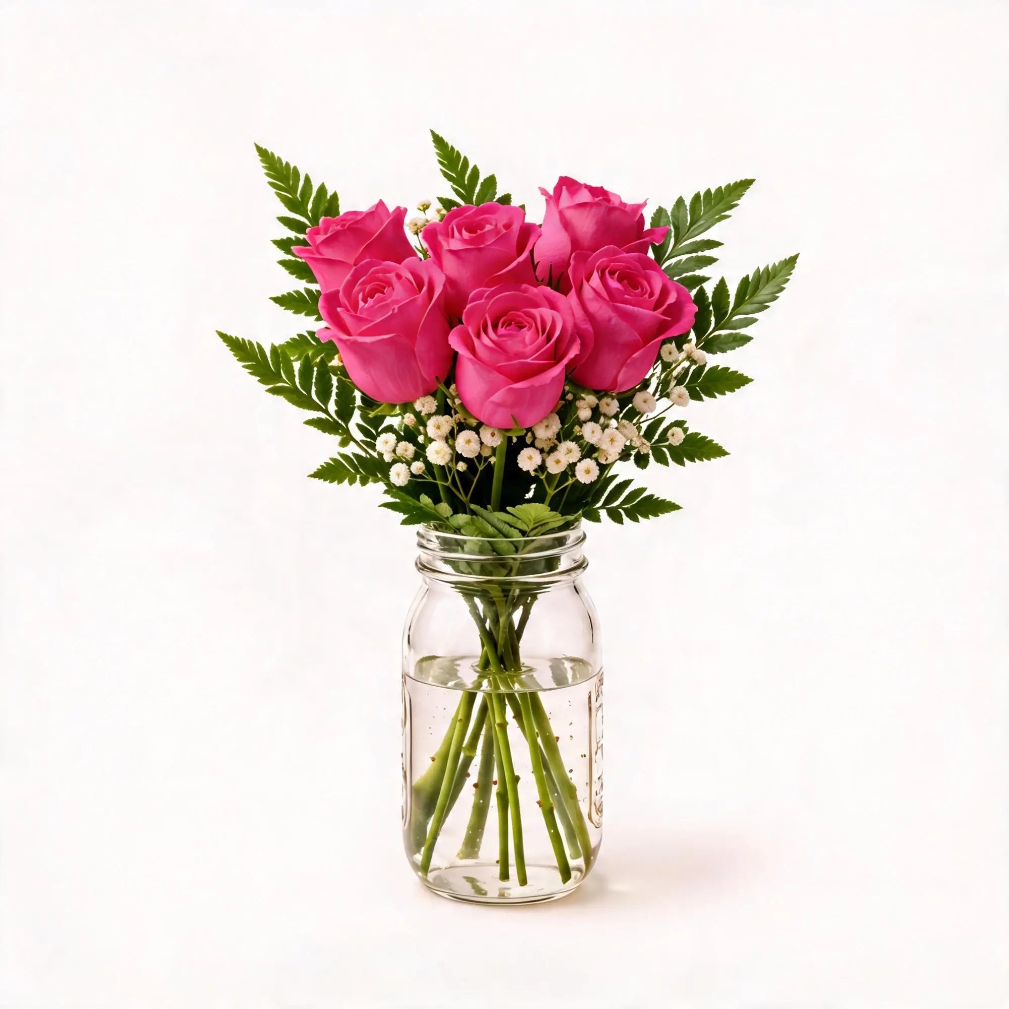 6 Hot Pink Roses in a Mason Jar - Roses Everywhere
