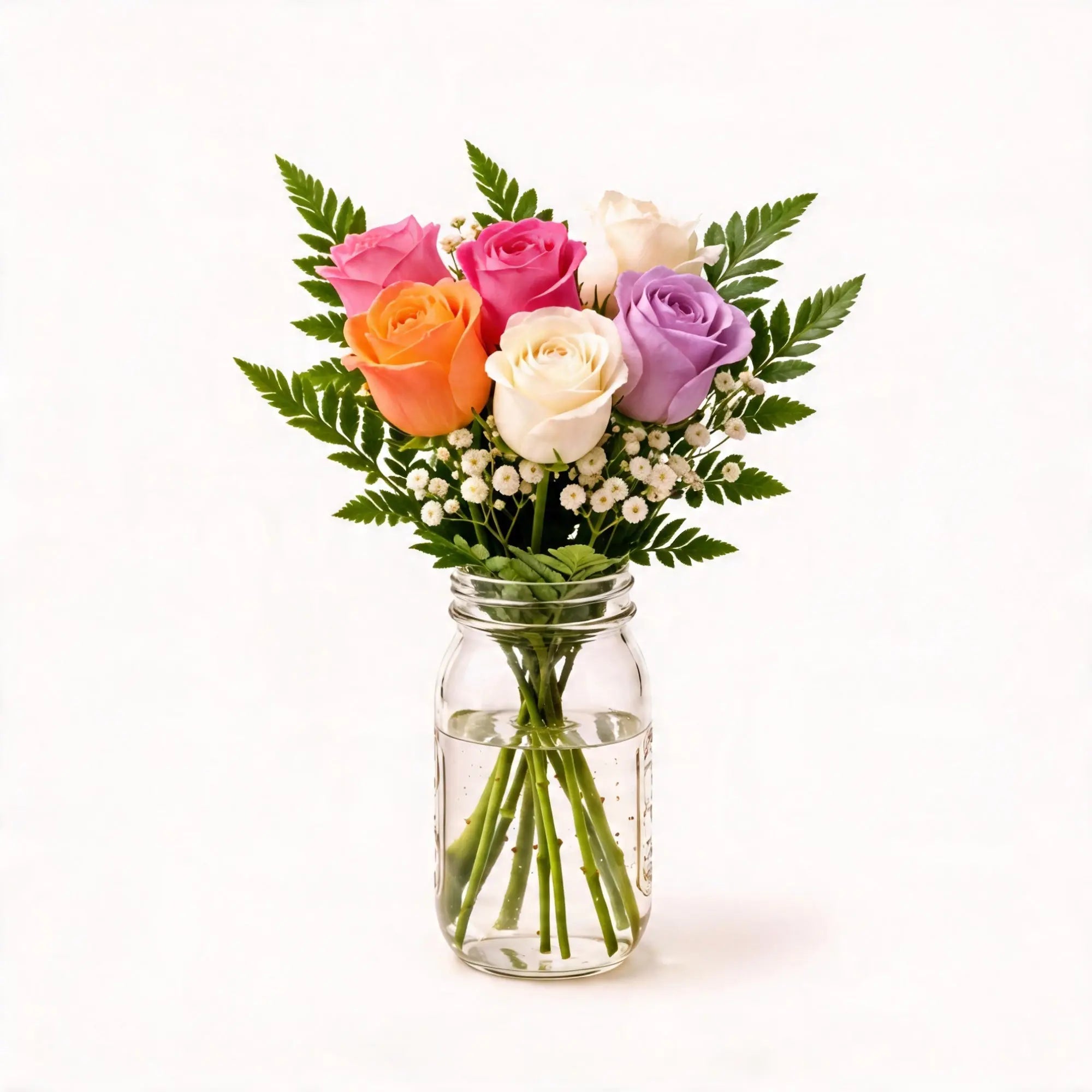 6 Multi - Colour Roses in a Mason Jar - Roses Everywhere