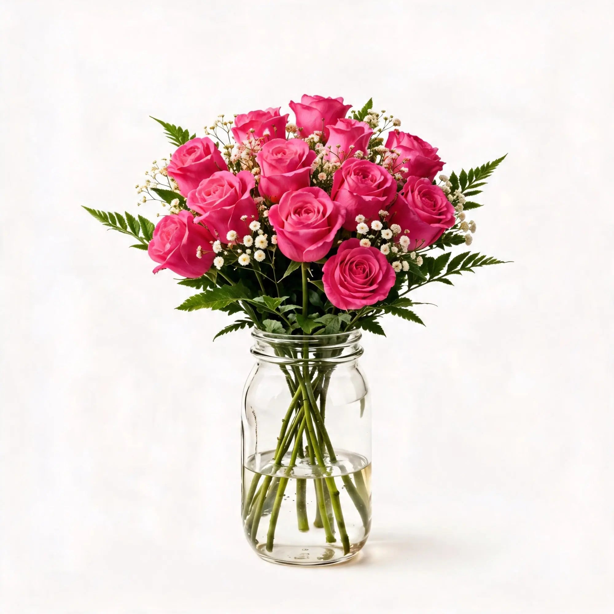 12 Hot Pink Roses in a Mason Jar - Roses Everywhere