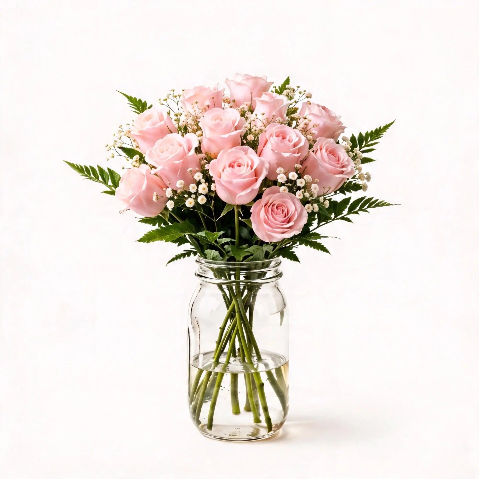 12 Light Pink Roses in a Mason Jar - Roses Everywhere
