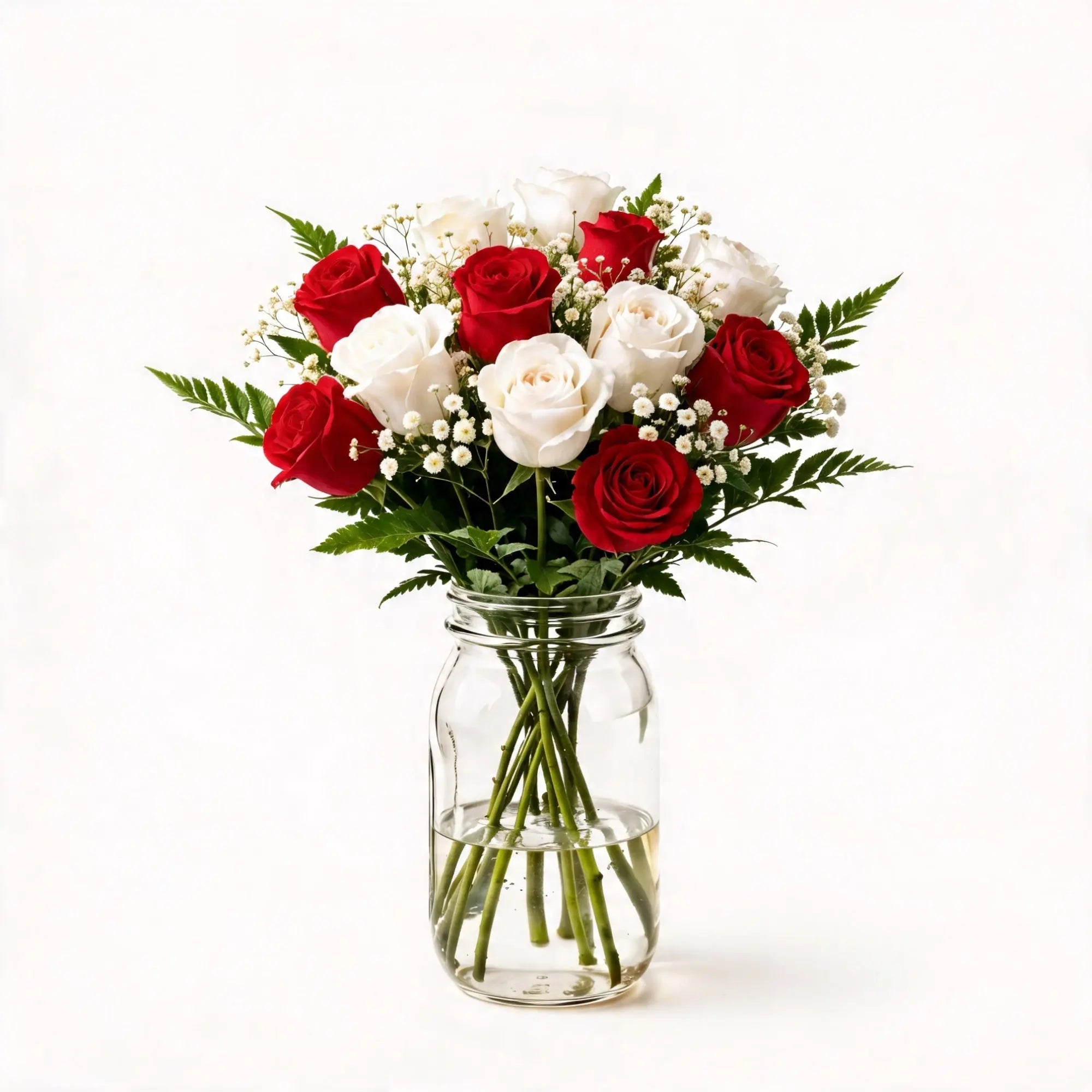 12 Mixed Red & White Roses in a Mason Jar - Roses Everywhere