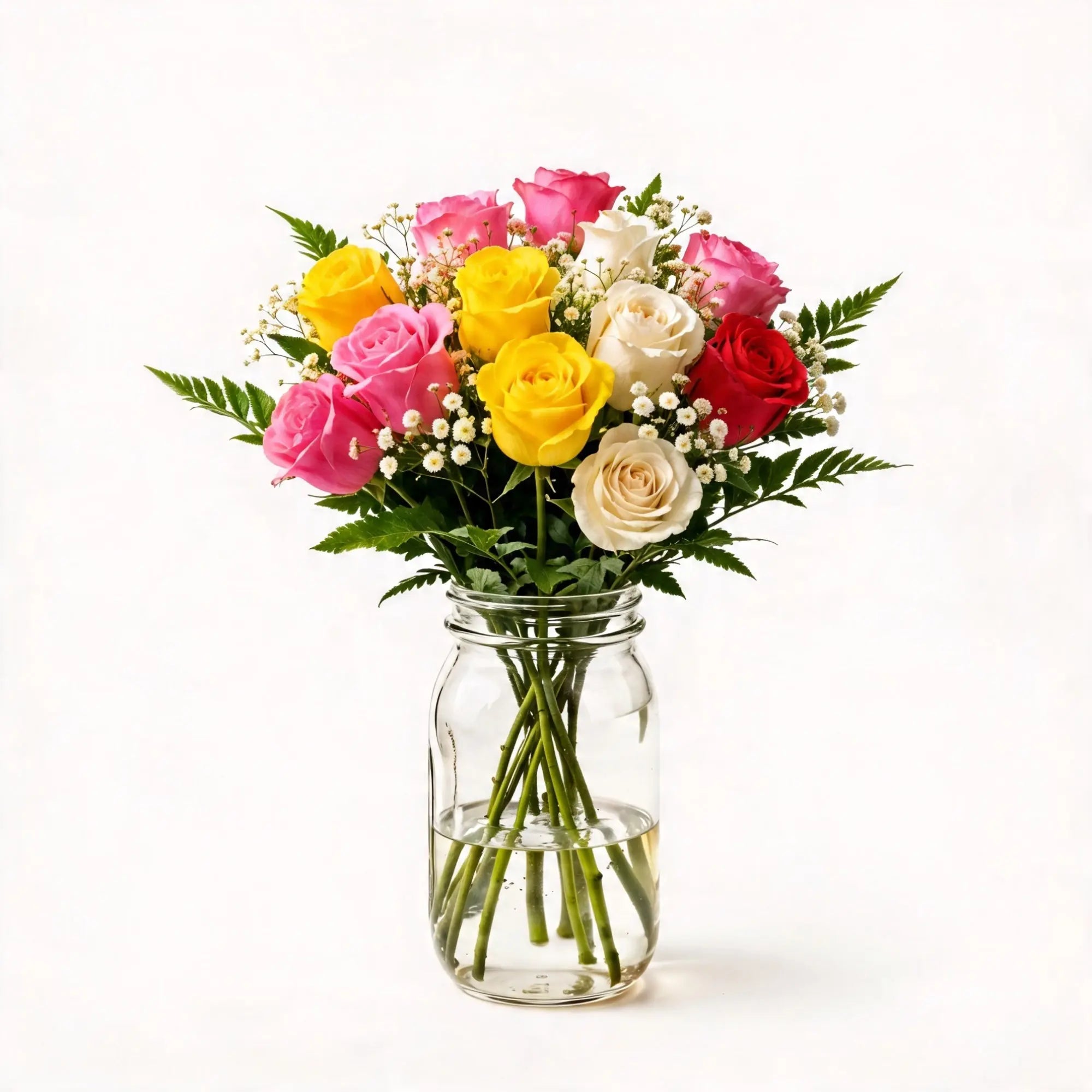 12 Multi - Colour Roses in a Mason Jar - Roses Everywhere
