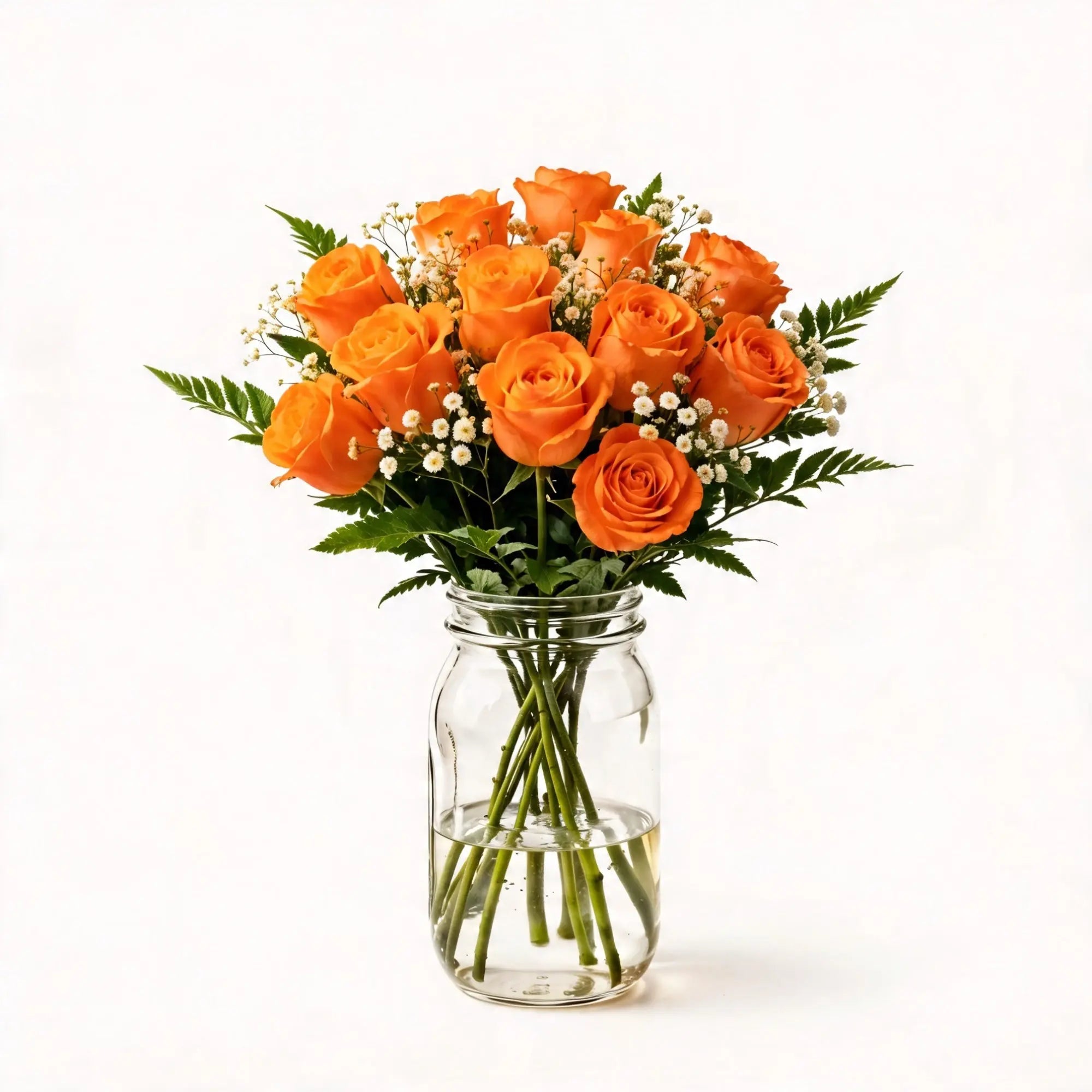 12 Orange Roses in a Mason Jar - Roses Everywhere
