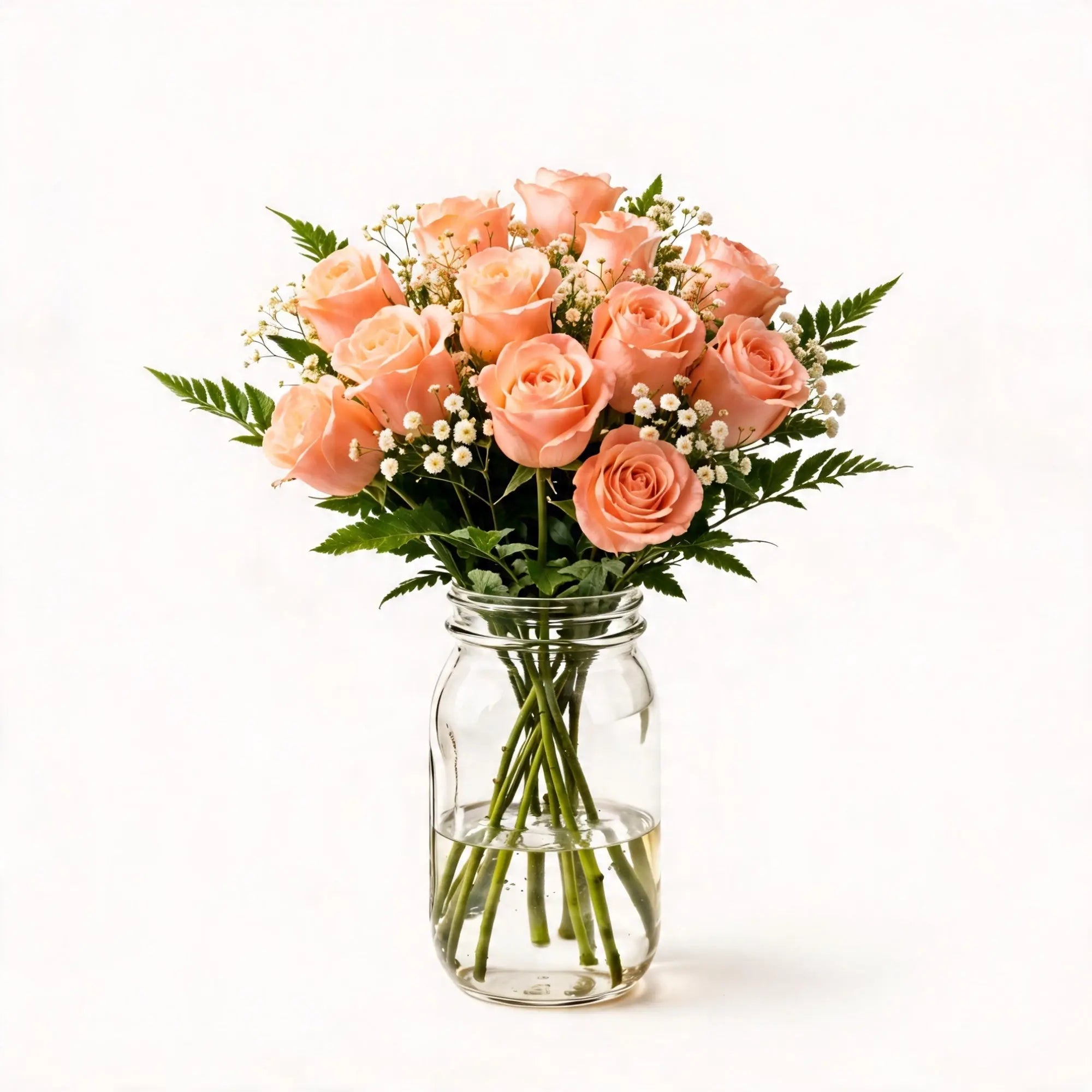 12 Peach Roses in a Mason Jar - Roses Everywhere