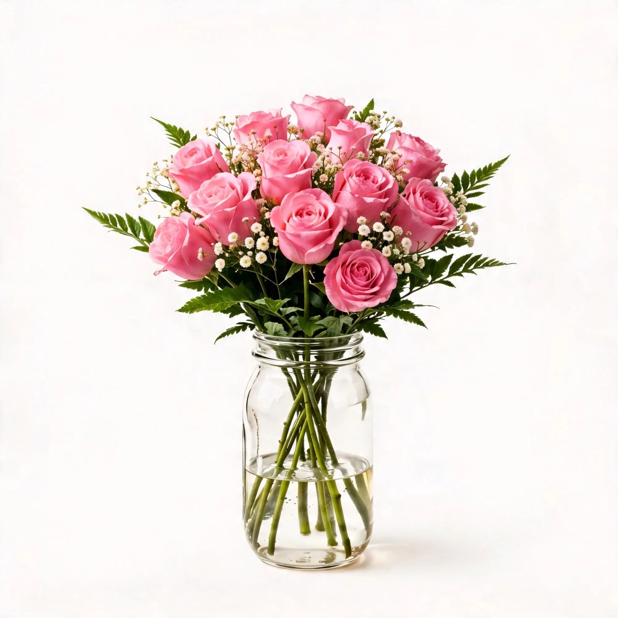 12 Pink Roses in a Mason Jar - Roses Everywhere