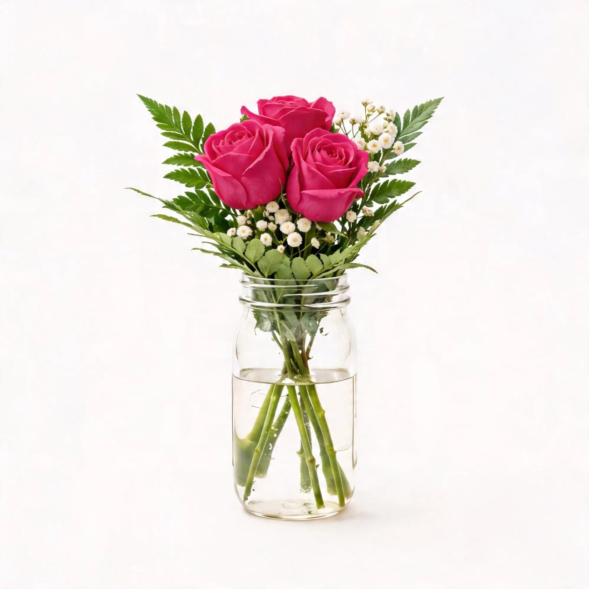 3 Hot Pink Roses in a Mason Jar - Roses Everywhere