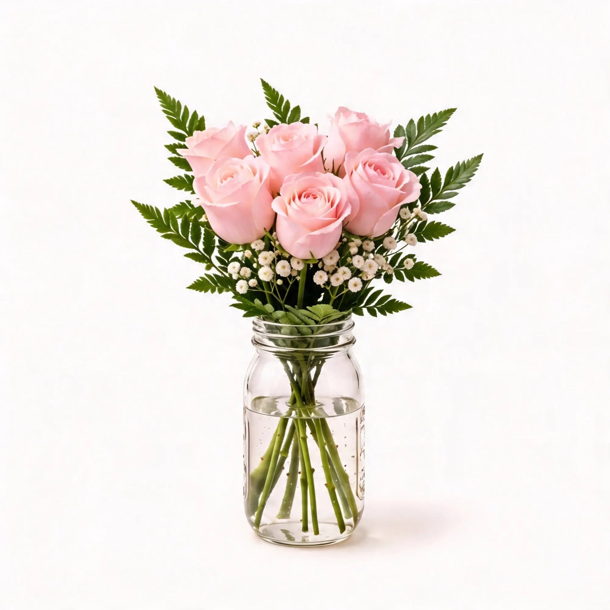 6 Light Pink Roses in a Mason Jar - Roses Everywhere