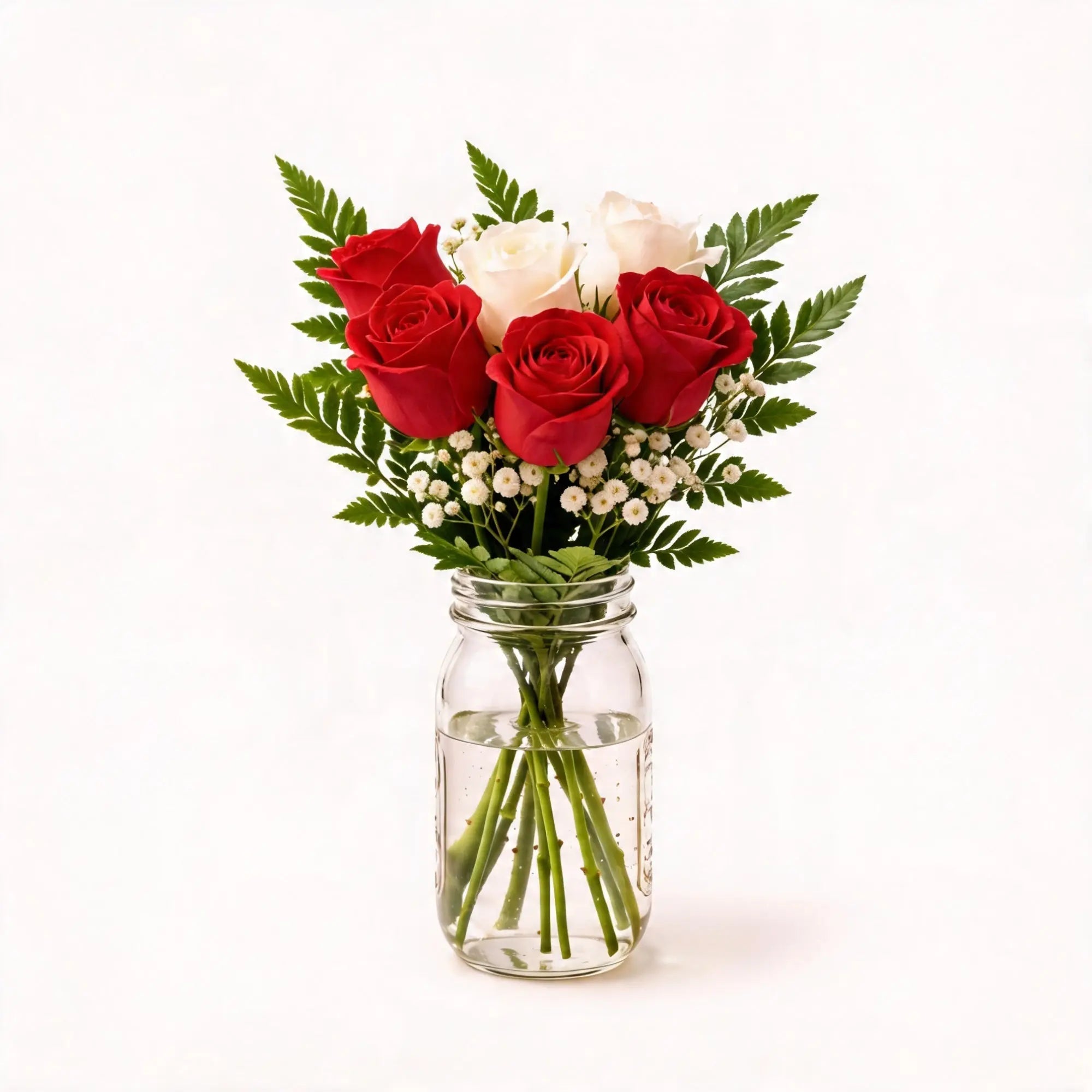 6 Mixed Red & White Roses in a Mason Jar - Roses Everywhere