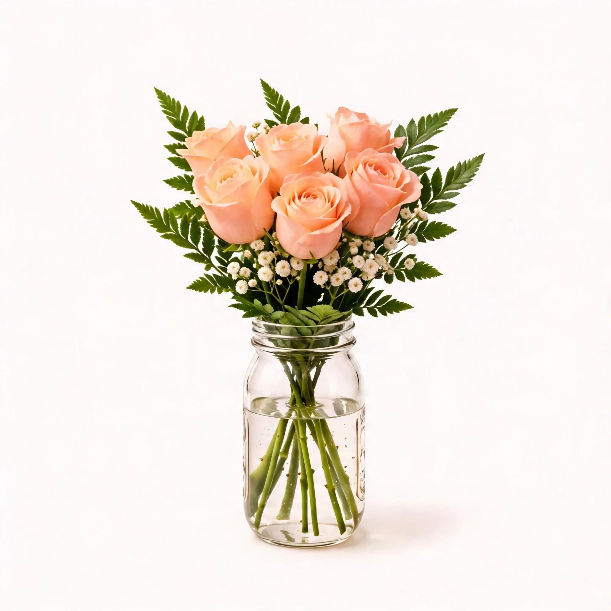 6 Peach Roses in a Mason Jar - Roses Everywhere