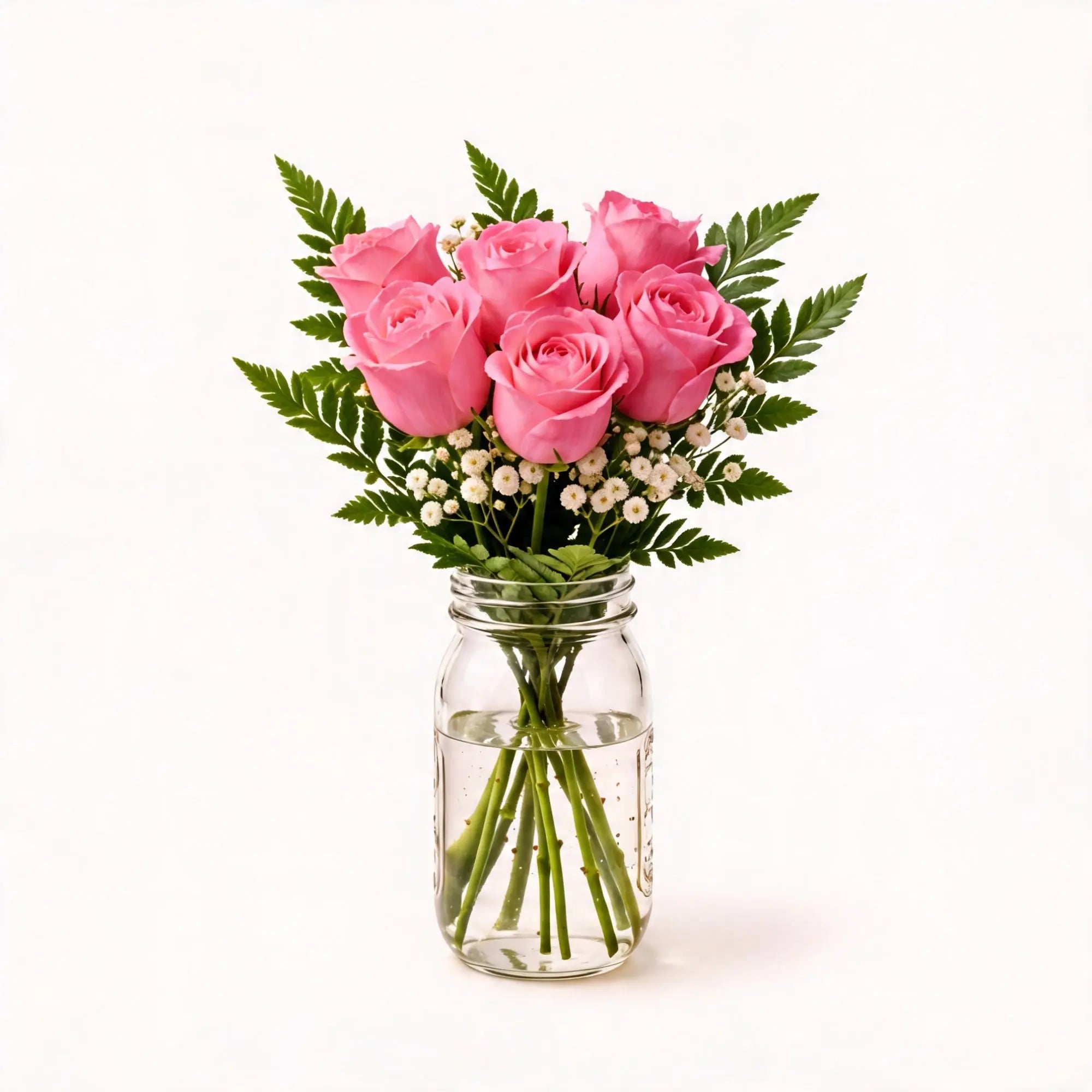 6 Pink Roses in a Mason Jar - Roses Everywhere