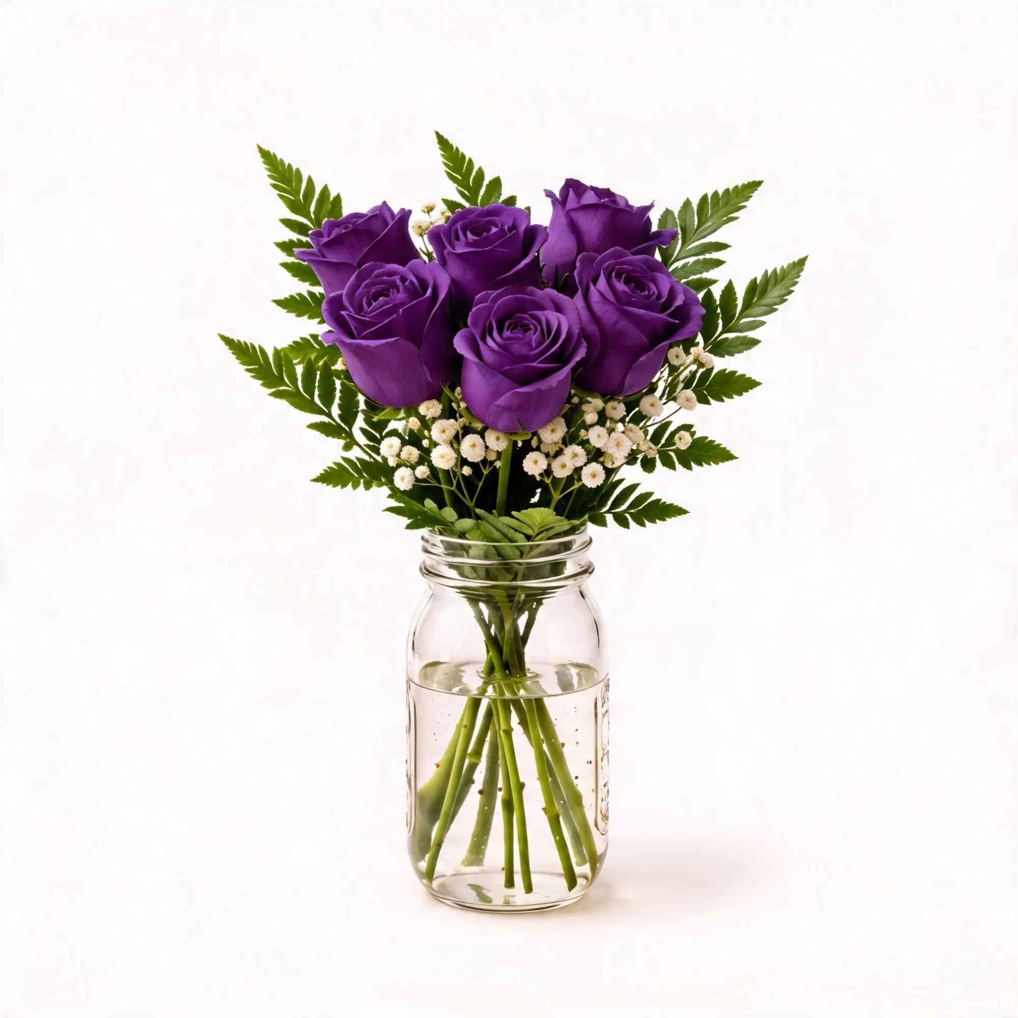 6 Purple Roses in a Mason Jar - Roses Everywhere