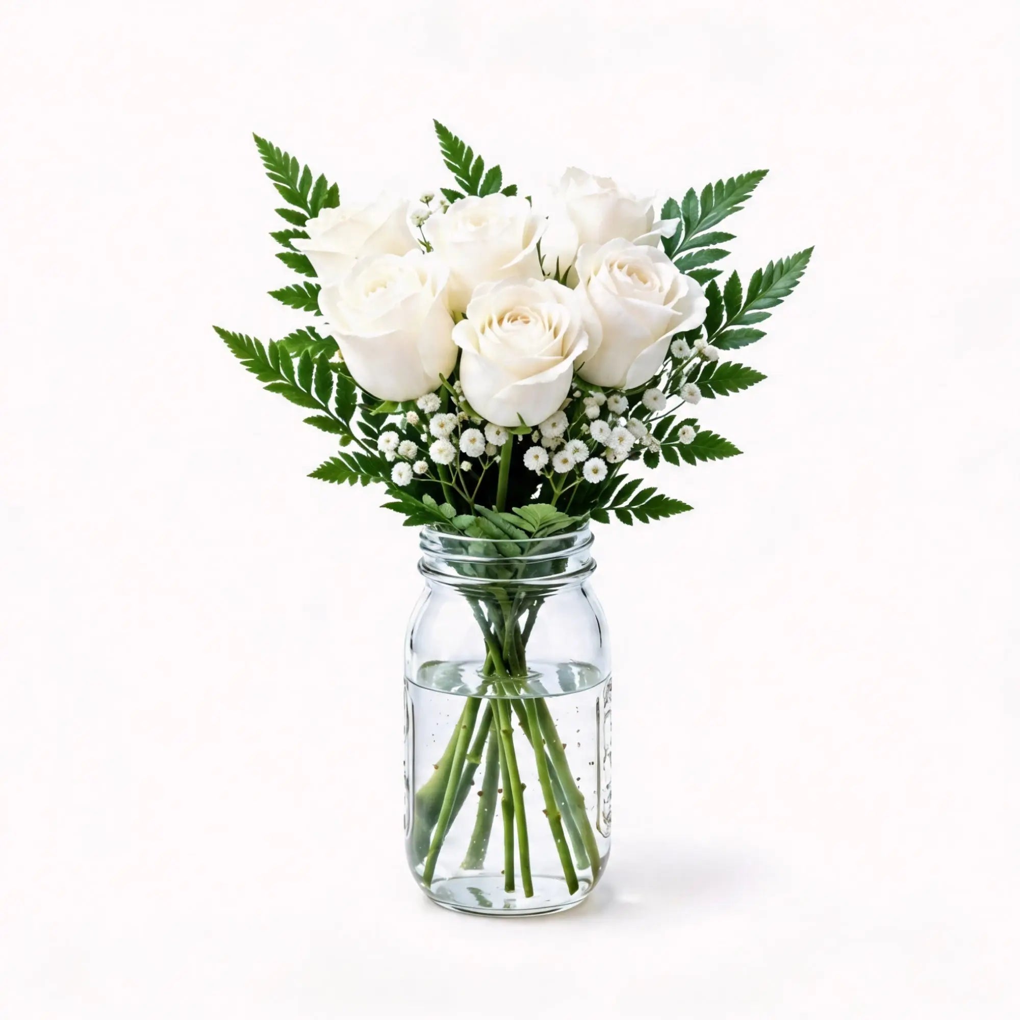 6 White Roses in a Mason Jar - Roses Everywhere